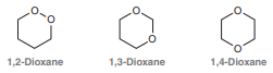 Consider the three constitutional isomers of dioxane (C4H8O2):
One of these constitutional isomers is stable under basic conditions as well as mildly acidic conditions and is therefore used as a common solvent. Another isomer is only stable under basic conditions but undergoes hydrolysis under mildly acidic conditions. The remaining isomer is extremely unstable and potentially explosive. Identify each isomer and explain the properties of each compound.