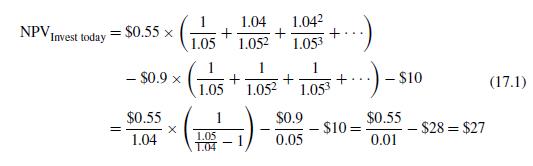 Consider the widget investment problem outlined in Section 17.1. Show the following in a spreadsheet.
a. Compute annual widget prices for the next 50 years.
b. For each year, compute the net present value of investing in that year.
c. Discount the net present value for each year back to the present. Verify that investing when the widget price reaches $1.43 is optimal.