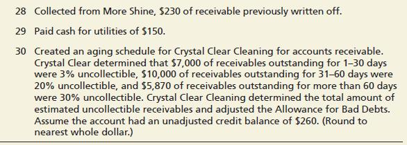 Crystal Clear Cleaning uses the allowance method to estimate bad debts. Consider the following April 2019 transactions for Crystal Clear Cleaning:


Requirements:
1. Prepare all required journal entries for Crystal Clear. Omit explanations.
2. Show how net accounts receivable would be reported on the balance sheet as of April 30, 2019.

