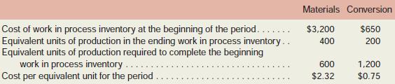 Data concerning a recent period’s activity in the Assembly Department, the first processing department in a company that uses process costing, appear below:

A total of 26,000 units were completed and transferred to the next processing department during the period. Beginning work in process inventory consisted of 2,000 units and ending work in process inventory consisted of 1,000 units.
Required:
Using the FIFO method, compute the cost of the units transferred to the next department during the period and the cost of ending work in process inventory.

