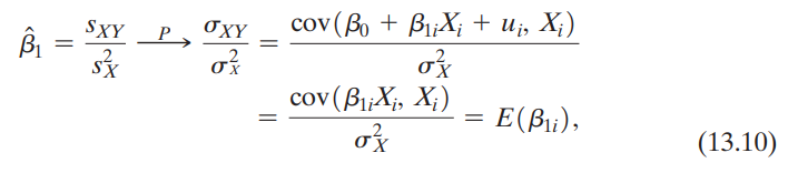 Derive the final equality in Equation (13.10).
(Use the definition of the covariance, and remember that, because the actual treatment Xi is random, b1i and Xi are independently distributed.)
Data from Equation 13.10: