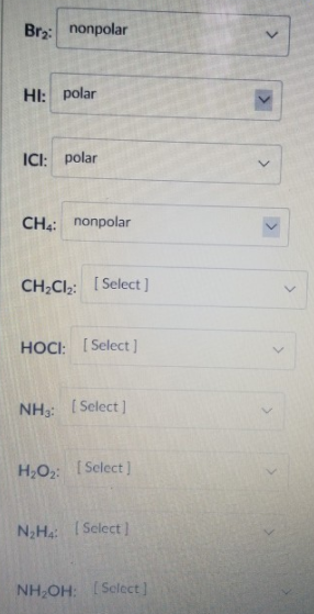 Determine whether each molecule is polar or nonpolar.