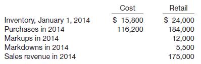 Diderot Stores Inc., which uses the conventional retail inventory method, wishes to change to the LIFO retail method beginning with the accounting year ending December 31, 2014. Amounts as shown below appear on the store&rsquo;s books before adjustment.

You are to assume that all markups and markdowns apply to 2014 purchases, and that it is appropriate to treat the entire inventory as a single department.

Instructions 

Compute the inventory at December 31, 2014, under the following methods.

(a) The conventional retail method.

(b) The last-in, first-out retail method, effecting the change in method as of January 1, 2014. Assume that the cost-to-retail percentage for 2013 was recomputed correctly in accordance with procedures necessary to change to LIFO. This ratio was 59%.