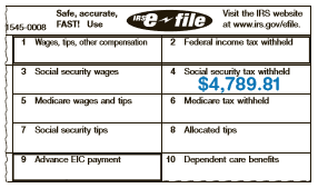 Examine this portion of a taxpayer’s W-2 form. Assume that the taxpayer’s wages for the year are under the Social Security limit. What entry should be in Box 1?