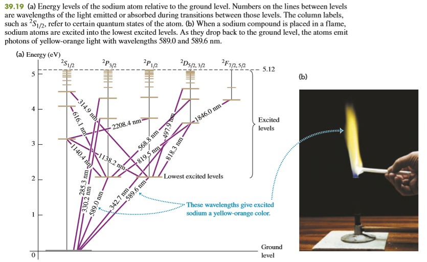 Figure 39.19a shows the energy levels of the sodium atom. The two lowest excited levels are shown in columns labeled 2P3/2 and 2P1/2. Find the ratio of the number of atoms in a 2P3/2 state to the number in a 2P1/2 state for a sodium gas in thermal equilibrium at 500 K. In which state are more atoms found?
From Figure 39.19a: