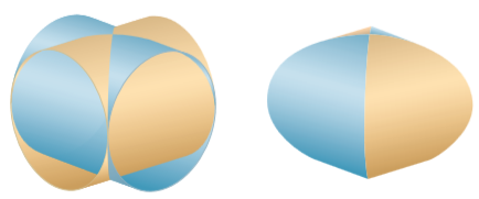 Find the volume common to two circular cylinders, each with radius r, if the axes of the cylinders intersect at right angles.