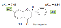 Flavonoids are a class of naturally occurring compounds with promising medicinal uses due to their anti-inflammatory, anti-cancer and anti-HIV properties. Much of this biological activity is due to the radical scavenging ability of flavonoids, which can be affected by the acidity of their hydroxyl groups. Naringenin, the major flavonoid found in grapefruit, has three acidic hydroxyl groups. pKa values are shown for two of these hydroxyl groups (highlighted). Provide an explanation for the substantial difference in acidity between these two hydroxyl groups.