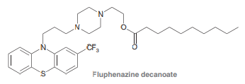 Fluphenazine is an antipsychotic drug that is administered as an ester prodrug via intramuscular injection:
The hydrophobic tail of the ester is deliberately designed to enable a slow release of the prodrug into the bloodstream, where the prodrug is rapidly hydrolyzed to produce the active drug.
a. Draw the structure of the active drug.
b. Draw the structure of and assign a systematic name for the carboxylic acid that is produced as a by-product of the hydrolysis step.