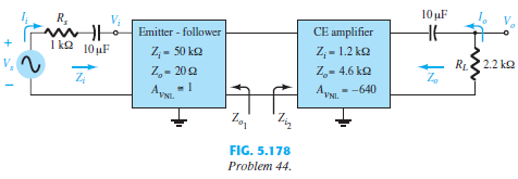 For the cascaded system of Fig. 5.178, determine:
a. The loaded voltage gain of each stage.
b. The total gain of the system, AvL and Avs.
c. The loaded current gain of each stage.
d. The total current gain of the system.
e. How Zi is affected by the second stage and RL.
f. How Zo is affected by the first stage and Rs.
g. The phase relationship between VO and VI.