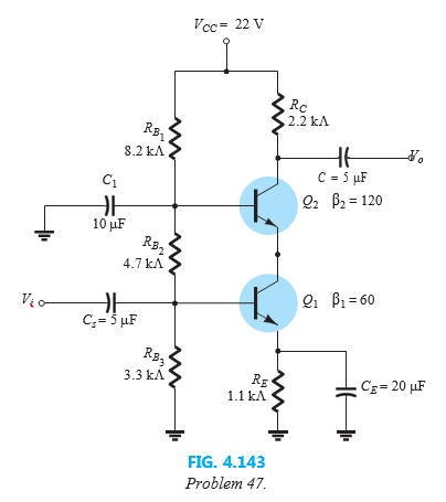 For the cascode amplifier of Fig. 4.143 determine
a. the base and collector currents of each transistor.
b. the voltages VB1, VB2, VE1, VC1, VE2, and VC2.