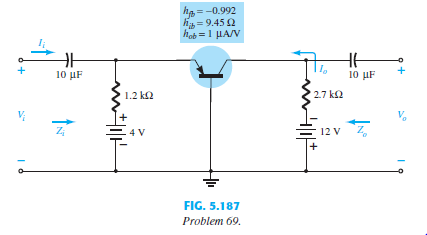 For the common-base network of Fig. 5.187:
a. Determine Zi and Zo.
b. Calculate Av and Ai.
c. Determine a, b, re, and ro.