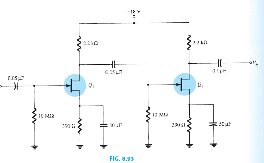 For the JFET cascade amplifier in Fig. 8.93, calculate the dc bias conditions for the two identical stages, using JFETs with IDSS = 8 mA and VP = - 4.5 V.