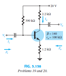 For the network of Fig. 5.158:
a. Determine re.
b. Find Zi and Zo.
c. Calculate Av.
d. Repeat parts (b) and (c) with ro = 20 kΩ