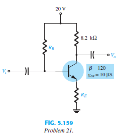 For the network of Fig. 5.159, determine RE and RB if Av = - 10 and re = 3.8 Ω. Assume that
Zb = bRE.