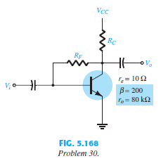 Given re = 10 Ω, b = 200, Av = - 160, and Ai = 19 for the network of Fig. 5.168, deter- mine RC, RF, and VCC.