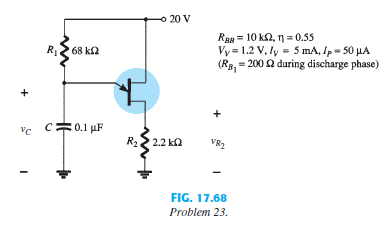 Given the relaxation oscillator of Fig. 17.68:
a. Find RB1 and RB2 at IE = 0 A.
b. Determine VP, the voltage necessary to turn on the UJT.
c. Determine whether R1 is within the permissible range of values defined by Eq. (17.8).
d. Determine the frequency of oscillation if RB1 = 200 Ω during the discharge phase.
e. Sketch the waveform of vC for two full cycles.
f. Sketch the waveform of vR2 for two full cycles.
g. Determine the frequency using Eq. (17.17) and compare to the value determined in part(d).
Account for any major differences.