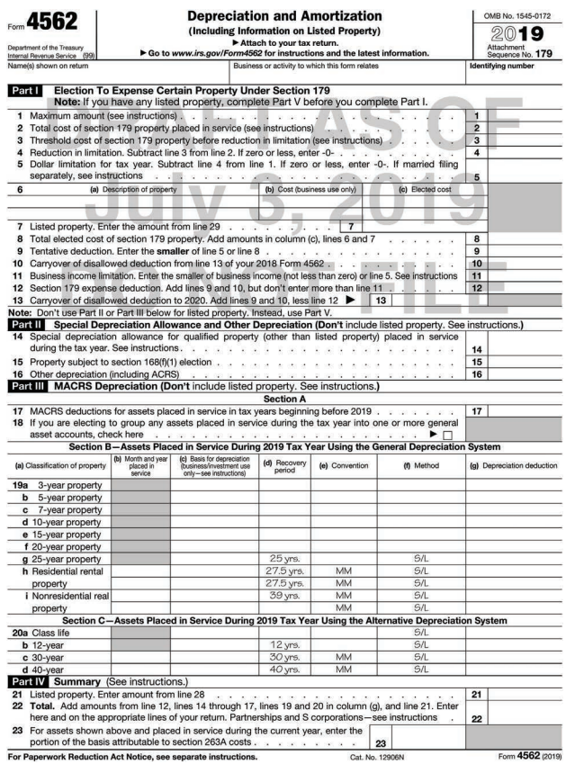 Go to the IRS website (www.irs.gov) and assuming bonus depreciation is used, redo Problem 11, using the most recent interactive Form 4562, Depreciation and Amortization.
Data from Problem 11:
During 2019, Pepe Guardio purchases the following property for use in his calendar year-end manufacturing business:
Pepe uses the accelerated depreciation method under MACRS, if available, and does not make the election to expense or take bonus depreciation. Use Form 4562 to report Pepe’s depreciation expense for 2019.