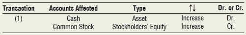 Haskins, Inc., began operations on January 1, 2018. The seven transactions recorded during January by the company accountant are shown in the following T-accounts:
Complete the following table. For each transaction shown, determine the accounts affected, the type of account, whether the account increases or decreases, and whether it would be recorded in the journal on the debit or credit side.