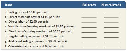 Helix Company has been approached by a new customer to provide 2,000 units of its regular product at a special price of $6 per unit. The regular selling price of the product is $8 per unit. Helix is operating at 75% of its capacity of 10,000 units. Identify whether the following costs are relevant to Helix’s decision as to whether to accept the order at the special selling price. No additional fixed manufacturing overhead will be incurred because of this order. The only additional selling expense on this order will be a $0.50 per unit shipping cost. There will be no additional administrative expenses because of this order. Place an X in the appropriate column to identify whether the cost is relevant or irrelevant to accepting this order.


