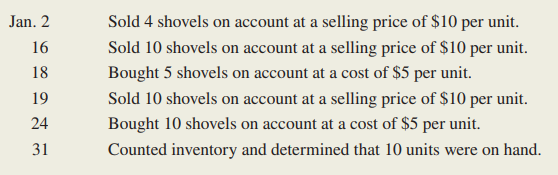 Home Hardware reported beginning inventory of 20 shovels, for a total cost of $100. The company had the following transactions during the month:
Required:
1. Prepare the journal entries that would be recorded using a periodic inventory system.
2. Prepare the journal entries that would be recorded using a perpetual inventory system, including any “book-to-physical” adjustment that might be needed.
3. What is the dollar amount of shrinkage that you were able to determine in (a) requirement 1 and (b) requirement 2? Enter CD (cannot determine) if you were unable to determine the dollar amount of shrinkage.