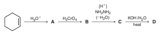 Identify the structures of compounds A to D below and then identify reagents that can be used to convert cyclohexene into compound D in just one step.