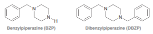 In an effort to circumvent existing drug laws, novel psychoactive substances are continuously being developed. The stimulant benzylpiperazine (BZP) is one such “designer” recreational drug. The synthesis of these compounds is not carefully controlled, so the drugs often contain reaction by-products, and dibenzylpiperazine (DBZP) has been found1 as a contaminant in samples of BZP. For each of the following compounds, consider the four CH2 groups in the nitrogen-containing ring (called a piperazine ring), and identify any chemically equivalent protons.