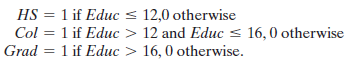 In Application 1 in chapter 3 and Application 1 in chapter 5, we examined Koop and Tobias’s data on wages, education, ability, and so on. We continue the analysis here. (The source, location and configuration of the data are given in the earlier application.) We consider the model
ln Wage = 1 + 2 Educ + 3 Ability + 4 Experience
+ 5 Mother’s education + 6 Father’s education + 7 Broken home
+ 8 Siblings +.
a. Compute the full regression by least squares and report your results. Based on your results, what is the estimate of the marginal value, in $/hour, of an additional year of education, for someone who has 12 years of education when all other variables are at their means and Broken home = 0?
b. We are interested in possible nonlinearities in the effect of education on ln Wage. (Koop and Tobias focused on experience. As before, we are not attempting to replicate their results.) A histogram of the education variable shows values from 9 to 20, a spike at 12 years (high school graduation), and a second at 15. consider aggregating the education variable into a set of dummy variables:
Replace Educ in the model with (Col, Grad), making high school (HS) the base category, and recompute the model. Report all results. How do the results change? Based on your results, what is the marginal value of a college degree? What is the marginal impact on ln Wage of a graduate degree?
c.The aggregation in part b actually loses quite a bit of information. Another way to introduce nonlinearity in education is through the function itself. Add Educ2 to the equation in part a and recompute the model. Again, report all results. What changes are suggested? Test the hypothesis that the quadratic term in the equation is not needed—that is, that its coefficient is zero. Based on your results, sketch a profile of log wages as a function of education.
d. One might suspect that the value of education is enhanced by greater ability. We could examine this effect by introducing an interaction of the two variables in the equation. Add the variable
Educ_ Ability = Educ Ability
to the base model in part a. Now, what is the marginal value of an additional year of education? The sample mean value of ability is 0.052374. compute a confidence interval for the marginal impact on ln Wage of an additional year of education for a person of average ability.