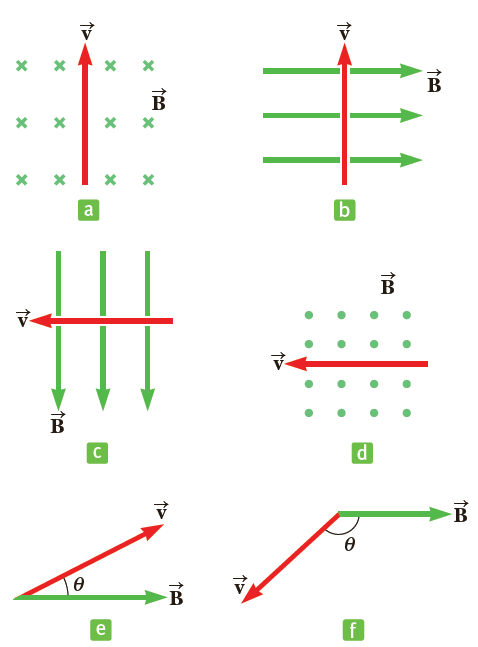 In Figure P19.2, assume in each case the velocity vector shown is replaced with a wire carrying a current in the direction of the velocity vector. For each case, find the direction of the magnetic force acting on the wire.
Figure P19.2: