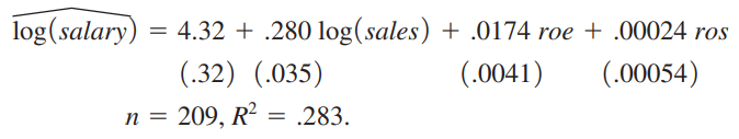 In Problem 2 in Chapter 4, we added the return on the firm’s stock, ros, to a model explaining CEO salary; ros turned out to be insignificant. Now, define a dummy variable, rosneg, which is equal to one if ros < 0 and equal to zero if ros ≥ 0. Use CEOSAL1 to estimate the model
Log(salary) = 0 + 1log(sales) + 2roe + 3rosneg + u.
Discuss the interpretation and statistical significance of ^3.
Data from Problem 2 in Chapter 4:
Consider an equation to explain salaries of CEOs in terms of annual firm sales, return on equity (roe, in percentage form), and return on the firm’s stock (ros, in percentage form):
Log(salary) = 0 + 1log(sales) + 2roe + 3ros + u.
(i) In terms of the model parameters, state the null hypothesis that, after controlling for sales and roe, ros has no effect on CEO salary. State the alternative that better stock market performance increases a CEO’s salary.
(ii) Using the data in CEOSAL1, the following equation was obtained by OLS:
By what percentage is salary predicted to increase if ros increases by 50 points? Does ros have a practically large effect on salary?
(iii) Test the null hypothesis that ros has no effect on salary against the alternative that ros has a positive effect. Carry out the test at the 10% significance level.
(iv) Would you include ros in a final model explaining CEO compensation in terms of firm performance? Explain.