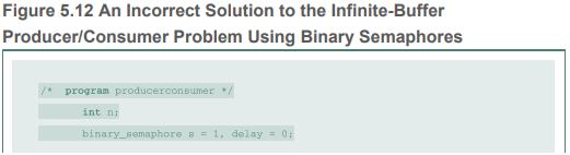 In the commentary on Figure 5.12 and Table 5.4, it was stated that “it would not do simply to move the conditional statement inside the critical section (controlled by s) of the consumer because this could lead to deadlock.” Demonstrate this with a table similar to Table 5.4.
Figure 5.12:
Table 5.4: