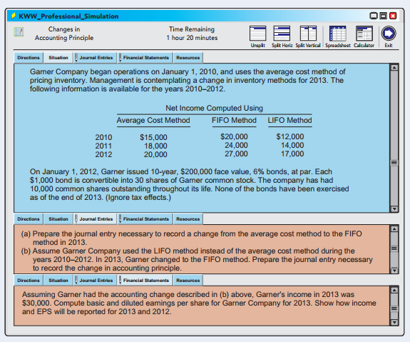 In this simulation, you are asked questions about changes in accounting principle. Prepare responses to all parts.