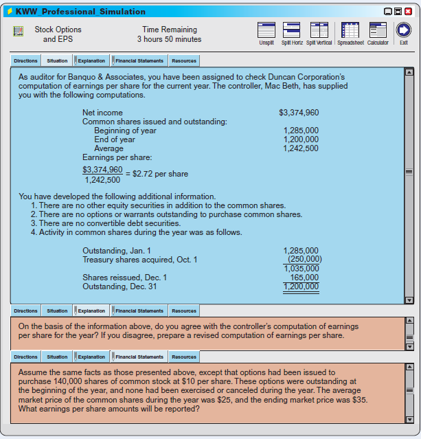 In this simulation, you are asked to address questions related to the accounting for stock options and earnings per share computations. Prepare responses to all parts.


