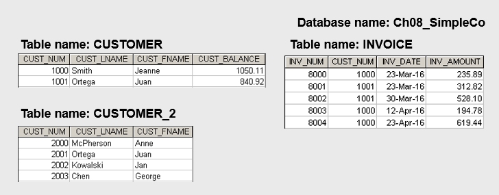 Insert the data into the tables you created in Problem 1.
Figure P8.1 Ch08_SimpleCo Database Tables