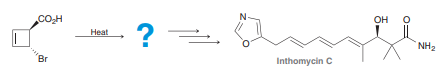 Inthomycin C, a natural product produced by Streptomyces bacteria, is known to inhibit the production of cellulose, an important component of the cell wall of plants. A recent synthesis of inthomycin C involved a thermal electrocyclic ring-opening reaction, shown below. There are two products that are possible under thermal conditions, but only one of these products was observed. Identify the product and explain why the other product was not formed.