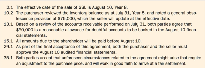 It is September 15, Year 8. The partner has called you, CPA, into his office to discuss a special engagement related to a purchase agreement. John Toffler, a successful entrepreneur with several different businesses in the automotive sector, is finalizing the acquisition of Super Sports Limited (SSL). The seller, Carl Thomas, founded SSL over 20 years ago, and has decided to retire and sell his business. He has agreed to manage the business until the shares are transferred.
SSL, a wholesale distributor of sports equipment and related products, is very profitable. The company originally sold summer sports items, such as jet skis and canoes, and recently acquired a wholesaler of winter sports items such as snowmobiles. SSL has loyal customers and good relationships with its suppliers.
Excerpts from the purchase agreement are provided in Exhibit II. The purchase price for the SSL shares is the carrying amount of net assets, according to the approved audited financial statements as at August 10, Year 8, plus any increase in the fair value of the land and building. See Exhibit III for excerpts from the August 10, Year 8, statements submitted to Toffler for his approval.
Toffler asked Jill Savage, who works for one of his companies, to review SSL's financial statements and the audit working papers provided by SSL's auditor. Jill raised several concerns as part of her review (see Exhibit IV). In the spirit of fairness, Thomas and Toffler have requested your firm's views on the accounting issues noted by Jill before continuing with the approval of the financial statements as per clause 29.1. The partner has asked you to draft a memo to his attention, supporting your views.
Exhibit II:
Exhibit III:
Exhibit IV:
SSL applied the lower of cost and market using net realizable value as the definition of market value, in accordance with its accounting policy. I do not agree with the method used. GAAP requires conservatism, and using net realizable value less normal profit margin is more conservative and would ensure historic profit margins are maintained. A further write down of the inventory and a reduction in purchase price are necessary.
The file noted that except for the custom snowmobile inventory, which SSL accounts for on an item-by-item basis, SSL applies the lower of cost and market by product line using a weighted average. As a result, increases in the value of some items offset declines in the value of others. The last shipment of snowmobiles received had a lower unit price than the units still in inventory purchased earlier in the season. I believe the snowmobile inventory, excluding the customized items, should be valued at the lower unit price based on a first-in-first-out cost formula. Applying the lower of cost or market in this way is in accordance with GAAP.
The auditor tested the valuation of inventory by referencing purchase invoices to subsequent selling prices, reviewing sales margins after the cut-off date, and reviewing for obsolete or slow-moving items while attending the physical count. The auditor also tested the inventory tracking system and noted no errors or problems. I believe the auditor did not do enough work on inventory, and did not realize that the amount booked should have been increased from $75,000, as stated in Clause 10.2, to $82,000, as calculated by the auditor (see summary of unadjusted misstatements), plus the normal profit margin on an item-by-item basis.
The audit working papers noted that a jet ski and accessories that were sitting in a separate area of the warehouse were included in the count. SSL received a layaway payment for the items from the customer on the day of the count and recorded a liability as of August 10. The audit file noted that the repeat customer picked up the items, worth $30,000, two weeks later. This is an obvious cut-off error. There should not be a liability. Since the items were sold the day of the count, the inventory on the August 10 statements should have been reduced and a receivable recorded.