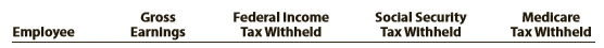 Jocame Inc. began business on January 2. Salaries were paid to employees on the last day of each month, and social security tax, Medicare tax, and federal income tax were withheld in the required amounts. An employee who is hired in the middle of the month receives half the monthly salary for that month. All required payroll tax reports were filed, and the correct amount of payroll taxes was remitted by the company for the calendar year. Early in the following year, before the Wage and Tax Statements (Form W-2) could be prepared for distribution to employees and for filing with the Social Security Administration, the employees’ earnings records were inadvertently destroyed.
None of the employees resigned or were discharged during the year, and there were no changes in salary rates. The social security tax was withheld at the rate of 6.0% and Medicare tax at the rate of 1.5% on salary. Data on dates of employment, salary rates, and employees’ income taxes withheld, which are summarized as follows, were obtained from personnel records and payroll records:
Instructions:
1. Compute the amounts to be reported for the year on each employee’s Wage and Tax Statement (Form W-2), arranging the data as follows (round to the nearest cent):
2. Compute the following employer payroll taxes for the year:
(A) social security,
(B) Medicare,
(C) state unemployment compensation at 5.4% on the first $10,000 of each employee’s earnings,
(D) federal unemployment compensation at 0.8% on the first $10,000 of each employee’s earnings,
(E) total.