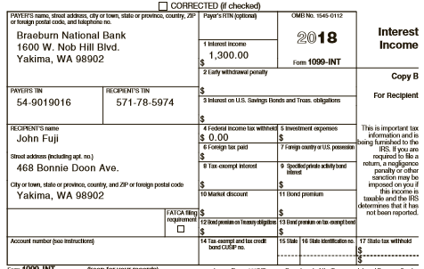 John Fuji (birthdate June 6, 1980) moved from California to Washington in December 2017. His earnings and income tax withholding for 2018 for his job as a manager at a Washington apple-processing plant are:
John’s other income includes interest on a Certificate of Deposit reported on a Form 1099-INT:
Also, in accordance with the 2012 divorce decree he paid $500 per month alimony to his ex-wife (Dora Fuji, Social Security number 573-79-6075).
John received the following Form 1098 reporting mortgage interest and property taxes:
During 2018, John paid the following amounts (all of which can be substantiated):
John’s employer offers a retirement plan, but John does not participate. Instead, he made a $4,000 contribution to a Roth IRA.
John also provides 100 percent of the support for his mother, Gala Fuji (Social Security number 323-11-4455). Gala is chronically ill and lives in an assisted living facility in Yakima. Her only income is interest of about $400 on a modest savings account.
Required:
Complete John’s federal tax return for 2018. Use Form 1040, Schedule 1, and Schedule A to complete this tax return. Make realistic assumptions about any missing data.