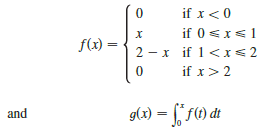 Let
(a). Find an expression for g (x) similar to the one for f (x).
(b). Sketch the graphs of f and g.
(c). Where f is differentiable? Where is g differentiable?