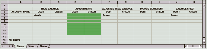List the following classifications of accounts in all of the columns in which they appear on the work sheet, with the exception of the Adjustments columns. (Example: Assets)
Assets
Accumulated Depreciation (with previous balance)
Liabilities
Capital
Drawing
Revenue
Expenses
2. List Net Income in the appropriate columns.