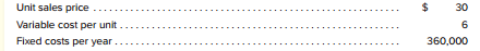 MURDER TO GO! writes and manufactures murder mystery parlor games that it sells to retail stores. The following is per-unit information relating to the manufacture and sale of this product.
Determine the following, showing as part of your answer the formula that you used in your computation. For example, the formula used to determine the contribution margin ratio (part a) is as follows.
Contribution Margin Ratio = ___________________________________ Unit Sales Price − Variable Costs per Unit Unit Sales Price
a. Contribution margin ratio.
b. Sales volume (in dollars) required to break even.
c. Sales volume (in dollars) required to earn an annual operating income of $440,000.
d. The margin of safety (in dollars) if annual sales total 60,000 units.
e. Operating income if annual sales total 60,000 units.