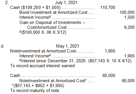 Octavio Corp. prepares financial statements annually on December 31, its fiscal year end. The company follows IFRS. At December 31, 2020, the company has the account Investments in its general ledger, containing the following debits for investment purchases, and no credits:
The fair values of the individual securities on December 31, 2020, were:
Instructions
(Round amounts to the nearest dollar.)
a. Prepare the entries necessary to correct any errors in the Investments account, assuming that the Government of Canada bonds were being managed for their yield to maturity, and that the Monet bonds were acquired with the hope of gaining from falling interest rates. The Chiang Corp. shares were acquired with the hope of ensuring the supply of raw materials from this company in the future. Octavio tracks interest income for all debt investments.
b. Prepare the entries required to record any accrued interest, amortization of any premium or discount, and recognition of fair values on December 31, 2020.
c. During 2021, the following transactions took place:
1. The note was sold on February 1, 2021, for $59,600.
2. The Government of Canada bonds were sold on July 1, 2021, for $109,200 plus accrued interest. Prepare entries to record these transactions.
d. Using the information from parts (a) and (b), assume that the note was not sold on February 1, 2021 , but instead was held until it matured. Provide the proper entry to record the disposal of the note at maturity.
e. Assume that Octavio Corp. is a private entity and applies ASPE. Identify which, if any, of your answers to parts (a) to (d) would change under this assumption. Explain briefly.
f. Can Octavio's management choose which standards to follow, or is it restricted by the type of company it is? Explain.
Answer:
a. It is first necessary to determine the proper accounting treatment for each individual investment. The Chiang Corp. common shares are an investment in an equity instrument that is not held for trading purposes and thus would likely be accounted for using the FV-OCI model.
The Government of Canada bonds and the note investment should be accounted for at cost/amortized cost since they are being managed for their yield to maturity. The Government of Canada bonds would be accounted for at cost, since there is no difference between the stated interest rate and the market rate. The purchase price of the bonds was the same as their face value so there is no need to amortize any premium or discount. The note investment should be accounted for at amortized cost since it is being managed for its yield to maturity. Although the note says that it is non-interest-bearing, it was purchased to yield 10% interest, and the resulting discount from its face value must be amortized over the life of the note using the effective interest method. Be aware that the accounting standards refer to both the cost and amortized cost valuation methods as “at amortized cost.”
The Monet bonds should be accounted for using the FV-NI model (with interest not reported separately according to the company policy) as they are being managed based on their fair value in the hopes of trading them when their market value increases as interest rates fall.
Interest Receivable
($50,000 X 1.08) – ($56,000) 2,000
FV-OCI Investments 37,400
Bond Investment at Amortized Cost 100,000
FV-NI Investments 54,000
Note Investment at Amortized Cost 57,143
Investments 250,543
The investment in Monet Corp. bonds is corrected to separate the interest purchased from the price of the bond. The Interest Income account could have been debited instead of the Interest Receivable as long as it was also credited later when the full interest is received.
e. If Octavio Corp. was a private entity following ASPE, then the Chiang Corp. common shares would have to be accounted for using fair value through net income (since ASPE does not have an FV-OCI option), or at cost, if the Chiang shares do not trade in an active market.
Under ASPE, the straight-line method of determining interest could be used instead of the effective interest method, and the interest income on the Monet bonds would have to be accounted for and reported separately from other types of investment income.
f. A public company must follow IFRS. However, a private company can choose to follow either IFRS or ASPE.