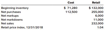 On January 1, 2018, the Brunswick Hat Company adopted the dollar-value LIFO retail method. The following data are available for 2018:


Required:
Calculate the estimated ending inventory and cost of goods sold for 2018.

