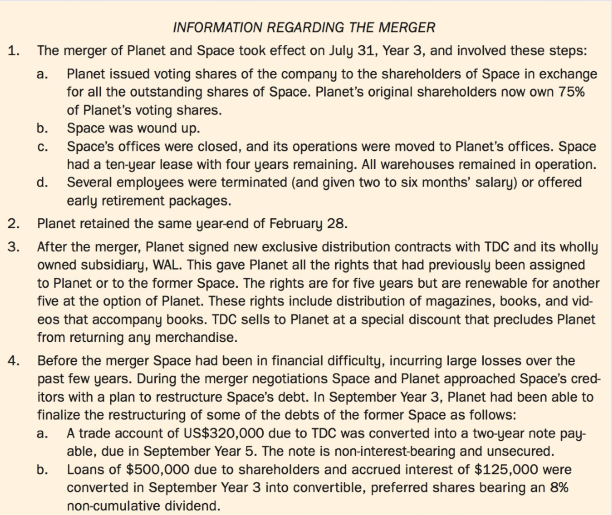 Planet Publishing Limited (Planet) is a medium-sized, privately owned Canadian company that holds exclusive Canadian distribution rights for the publications of Typset Daily Corporation (TDC). Space Communications Ltd. (Space), an unrelated privately owned Canadian company, held similar distribution rights for the publications of Worldwide Affairs Limited (WAL). TDC and WAL were unrelated U.S. publishers of magazines and books. WAL went into receivership in early Year 3 and was then purchased by TDC.
TDC did not want the exclusive rights for its publications split between two companies, and it did not believe that either Planet or Space, individually, could adequately distribute its products in Canada. In order to retain the distribution rights that otherwise would have been lost at the expiry of the contracts, Space merged with Planet on July 31, Year 3. Details regarding the merger and the restructuring that followed soon after the merger are provided in Exhibit I.
In September Year 3, the directors of Planet requested that your firm let its name be offered as auditor for the year ending February 28, Year 4. Your firm accepted the request. In prior years, two other firms audited Planet and Space. It is now October Year 3, and your firm was appointed as auditors at a shareholders' meeting. Subsequent to your appointment as auditors, the president requested a report on the following matters:
1. The accounting treatment that should be given to the merger and to the transactions that have arisen since February 28, Year 3, together with full reasons for all recommendations.
2. Any other issues (other than tax and assurance) that the president should be aware of, arising from the merger, or from recent events, together with recommendations.
The partner in charge of the engagement asked you, CPA, a manager in the firm, to prepare the draft report. You and your staff have gathered information on Planet. This information is contained in Exhibit II.
Exhibit I:
Exhibit II: