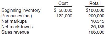 Presented below is information related to Bobby Engram Company.

Instructions

(a) Compute the ending inventory at retail.

(b) Compute a cost-to-retail percentage (round to two decimals) under the following conditions.

(1) Excluding both markups and markdowns.

(2) Excluding markups but including markdowns.

(3) Excluding markdowns but including markups.

(4) Including both markdowns and markups.

(c) Which of the methods in (b) above (1, 2, 3, or 4) does the following?

(1) Provides the most conservative estimate of ending inventory.

(2) Provides an approximation of lower-of-cost-or-market.

(3) Is used in the conventional retail method.

(d) Compute ending inventory at lower-of-cost-or-market (round to nearest dollar).

(e) Compute cost of goods sold based on (d).

(f) Compute gross margin based on (d).