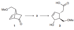 Prostaglandins (Section 26.7) are a group of structurally related compounds that function as biochemical regulators and exhibit a wide array of activity, including the regulation of blood pressure, blood clotting, gastric secretions, inflammation, kidney function, and reproductive systems. The following two-step transformation was employed by E. J. Corey during his classic prostaglandin synthesis. Identify the reagents that you would use to convert compound 1 to compound 3 and draw the structure of compound 2.