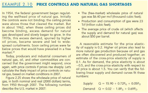 Refer to Example 2.10 (below), which analyzes the effects of price controls on natural gas. 
a.Using the data in the example, show that the following supply and demand curves describe the market for natural gas in 2005 – 2007: 
Supply: Q = 15.90 + 0.72PG + 0.05PO
Demand: Q = 0.02 – 1.8PG + 0.69PO
Also, verify that if the price of oil is $50, these curves imply a free-market price of $6.40 for natural gas.
b.Suppose the regulated price of gas were $4.50 per thousand cubic feet instead of $3.00.How much excess demand would there have been?
c.Suppose that the market for natural gas remained unregulated.If the price of oil had increased from $50 to $100, what would have happened to the free-market price of natural gas?

