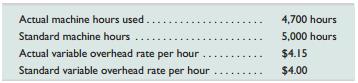 Refer to the information from QS 8-10. Compute the variable overhead spending variance and the variable overhead efficiency variance.

In QS 8-10
Mosaic Company applies overhead using machine hours and reports the following information.


