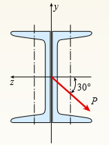 Repeat Problem 14 but use the configuration of channel shapes and loading shown in the figure. Use P = 250 N.
Data from Problem 14:
A cantilever beam built up from two channel shapes, each C 200 × 17.1 and of length L, supports an inclined load P at its free end (see figure).
Determine the orientation of the neutral axis and calculate the maximum tensile stress s max due to the load P. Data for the beam are L = 4.5 m, P = 500 N, and α = 30°.