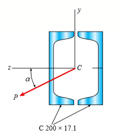 Repeat Problem 14 but use the configuration of channel shapes and loading shown in the figure. Use P = 250 N.
Data from Problem 14:
A cantilever beam built up from two channel shapes, each C 200 × 17.1 and of length L, supports an inclined load P at its free end (see figure).
Determine the orientation of the neutral axis and calculate the maximum tensile stress s max due to the load P. Data for the beam are L = 4.5 m, P = 500 N, and α = 30°.