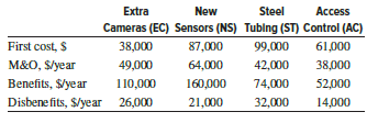 Several alternatives are under consideration to enhance security at a county jail. Since the alternatives serve different areas of the facility, all that are economically attractive will be implemented. Determine which one(s) should be selected, based on a B/C analysis using an interest rate of 7% per year and a 10-year study period.